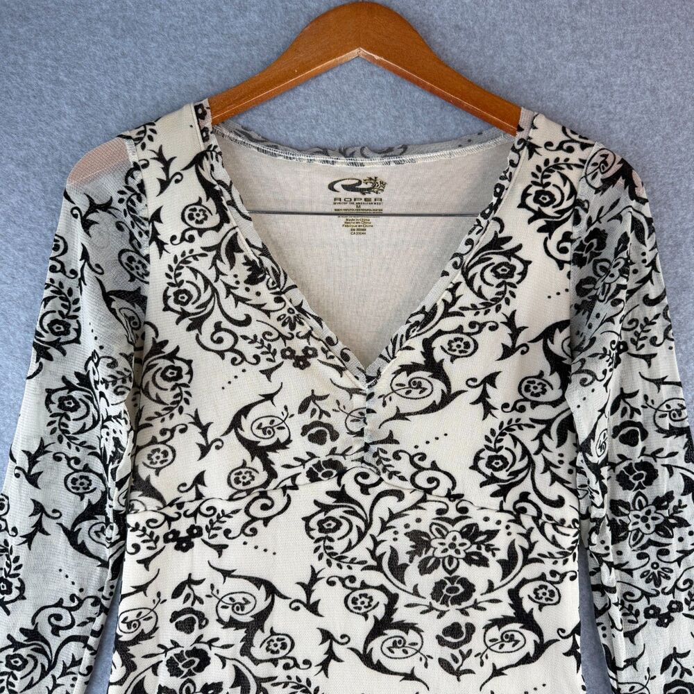 'Roper' Black & White Mesh Long Sleeve Shirt Floral Pattern Size M Boho Scunched - Picture 5 of 6